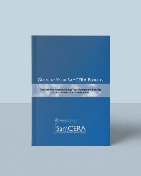 the Guide to Your SamCERA Benefits cover in front of a pale blue background