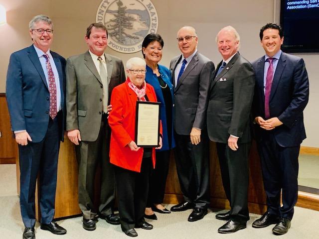 (pictured left to right: Supervisor Dave Pine, SamCERA CEO Scott Hood, Supervisor Carole Groom, San Mateo County Treasurer/SamCERA Board President Sandie Arnott, Supervisor Don Horsley, Supervisor Warren Slocum, and Supervisor David Canepa.)