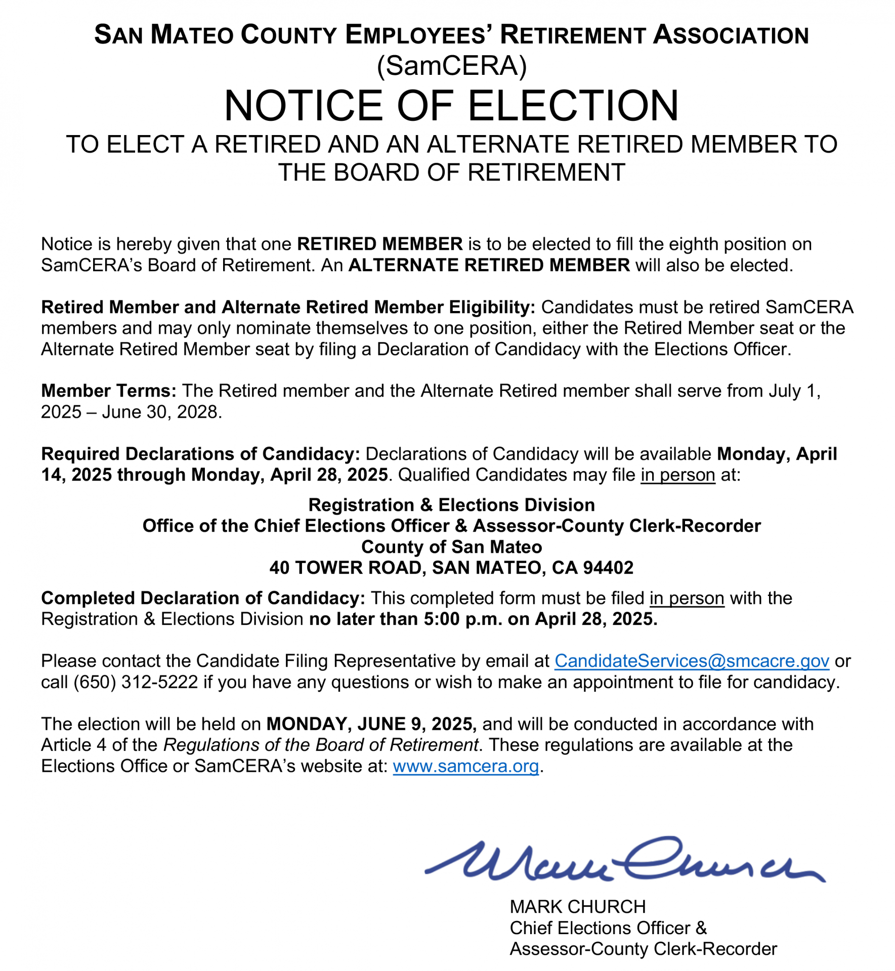 2025 Notice of Election for SamCERA Board of Retirement